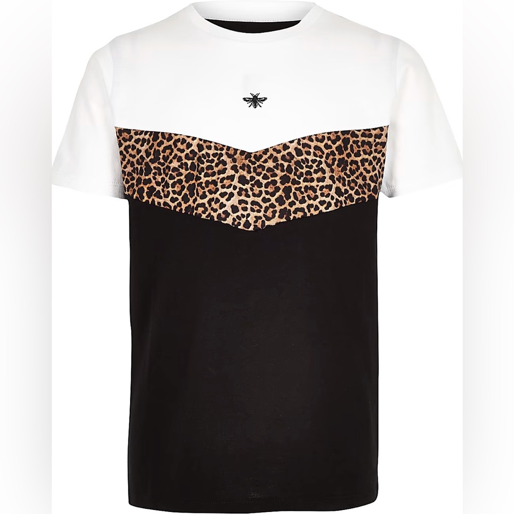 River Island BOYS WHITE LEOPARD PRINT CHEVRON T-SHIRT